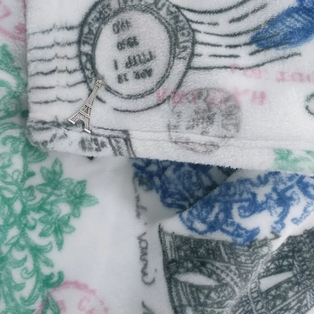 Paris Postmark Throw Blanket - White with Green, Blue & Pink Accents